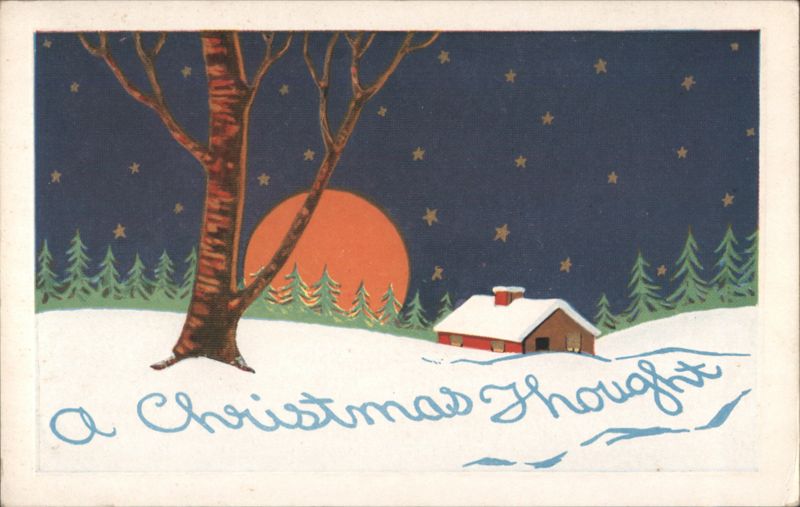 A Christmas Thought - Snowy Winter Landscape with House, Tree, and Stars