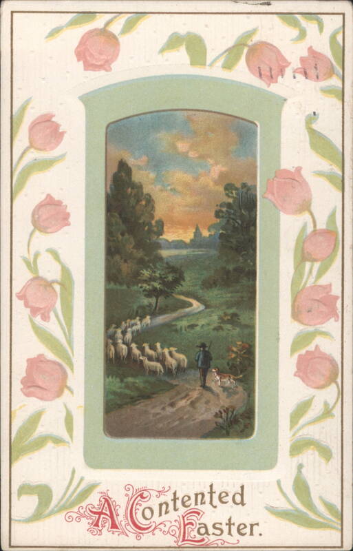 Shepherd, Sheep, and Dog on Path at Sunset with Tulips, Easter Greeting