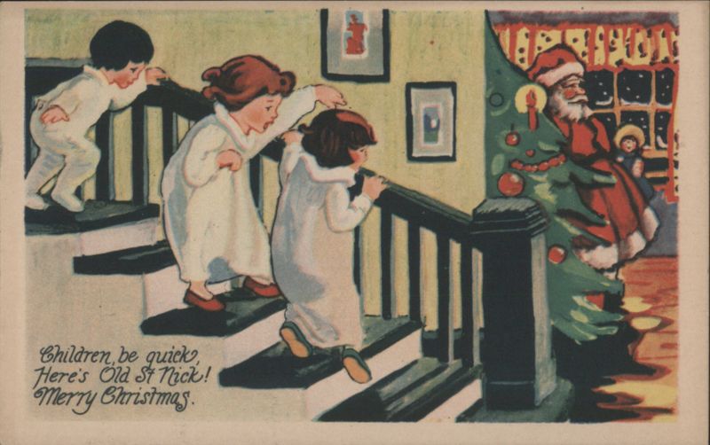 Children Sneaking Down Stairs to See Santa Claus & Christmas Tree