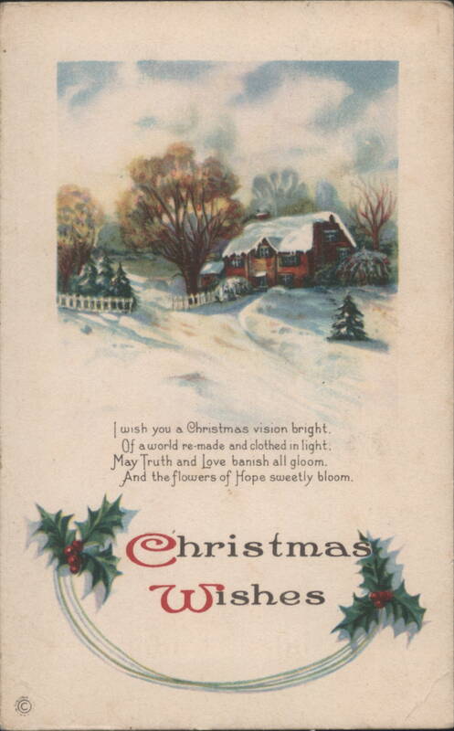 Christmas Wishes Winter Scene Snow-Covered House Poem Holly Berries
