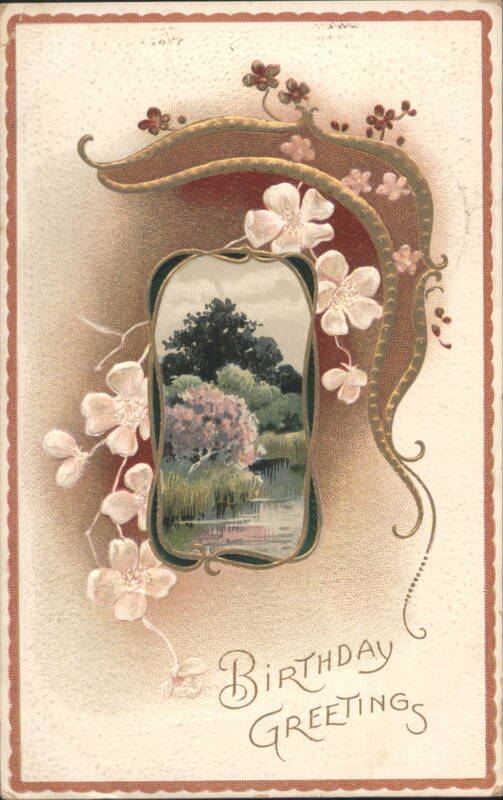 Birthday Greetings with Ornate Floral Design and Landscape Painting