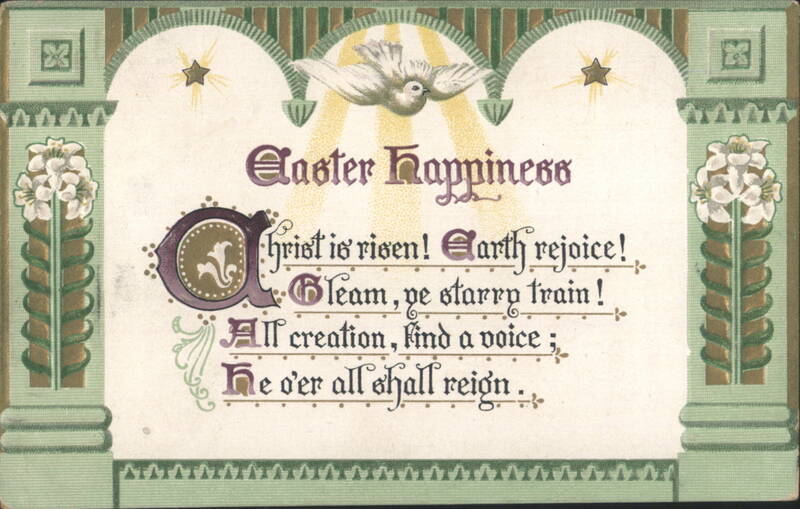 Easter Happiness Greeting with Dove, Lilies, and Religious Poem