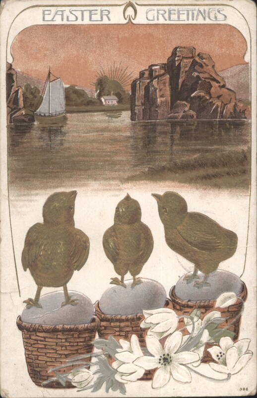 Easter Greetings with Three Chicks in Baskets, Sailboat & Lake Scene
