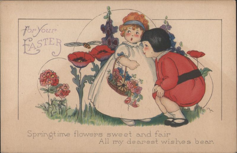 Easter Children with Spring Flowers and Bee, Springtime Wishes