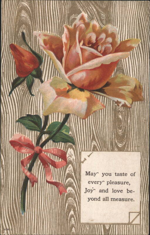 Peach Rose with Red Ribbon on Wood Grain Background, Sent with a Greeting