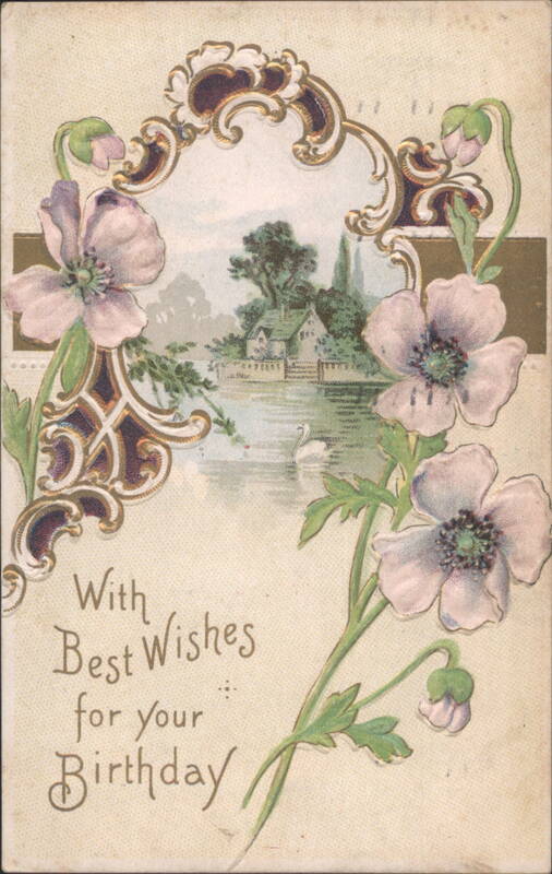 Art Nouveau Birthday Greeting with Pink Flowers & Lakeside Scene