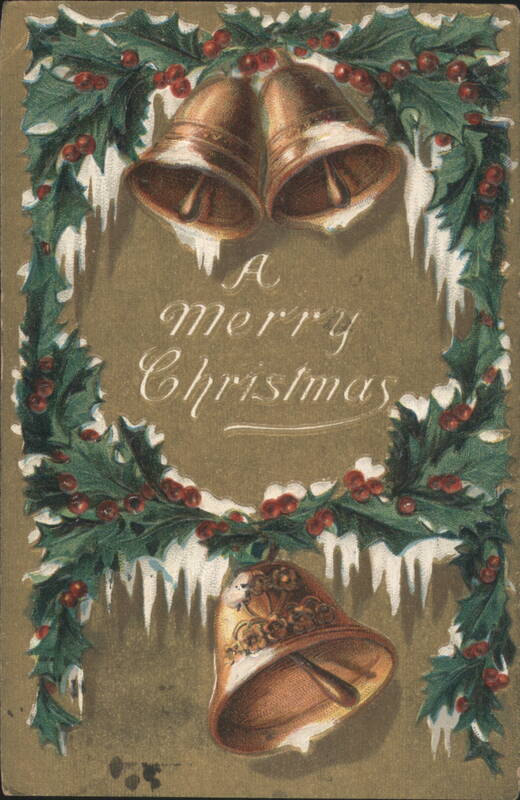 A Merry Christmas with Bells, Holly, Berries, and Icicles