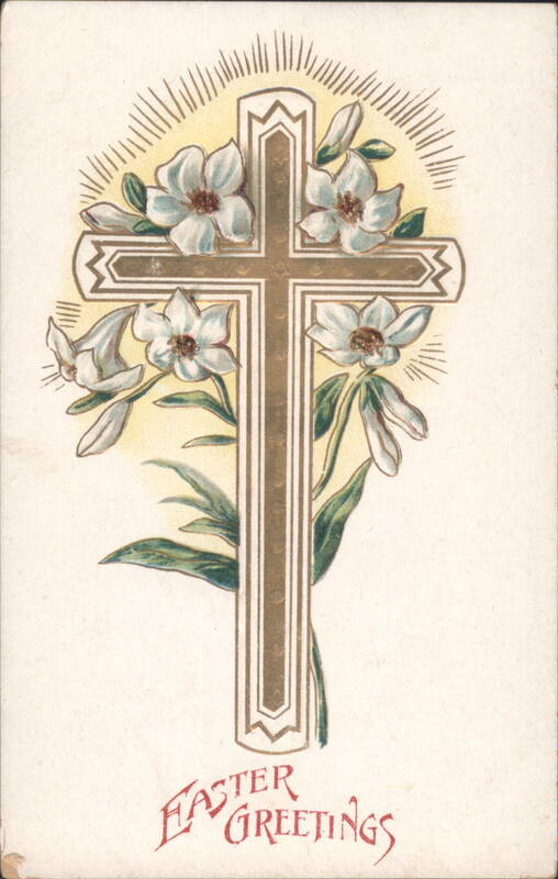 Easter Greetings Cross with White Flowers and Radiant Light