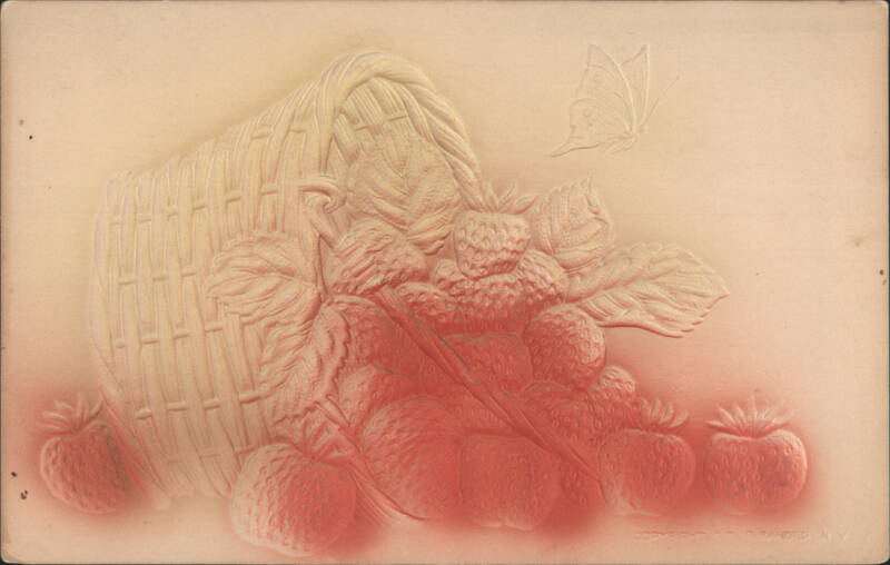 Embossed Basket of Strawberries with Butterfly, Red Tint
