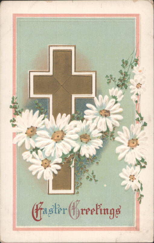 Easter Greetings Card with Christian Cross and White Daisies