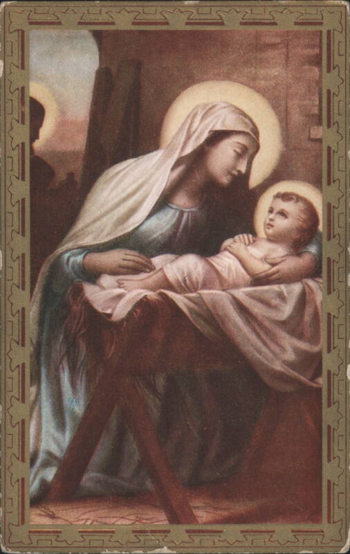 Mary, Baby Jesus, and Joseph in Manger Scene with Halos