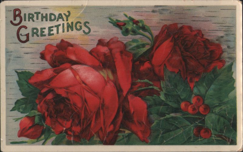 Birthday Greetings with Red Roses and Berries