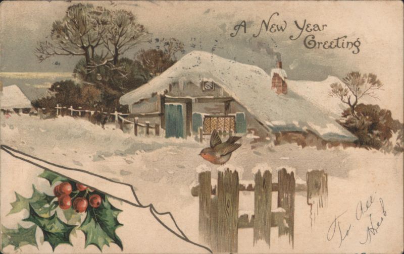 Snowy Cottage with Robin & Holly - A New Year Greeting