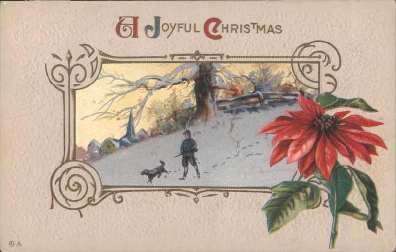 A Joyful Christmas: Boy, Dog, Poinsettia in Snowy Winter Scene