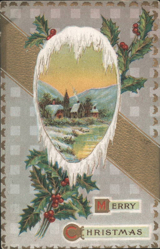 Winter Village Scene with Icicles & Holly, Merry Christmas Greeting