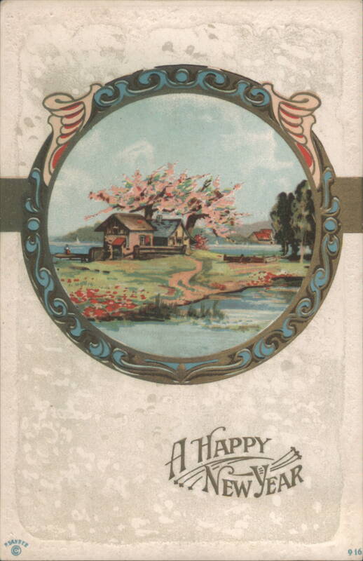 A Happy New Year Greeting with Blossoming Tree by Lake and House