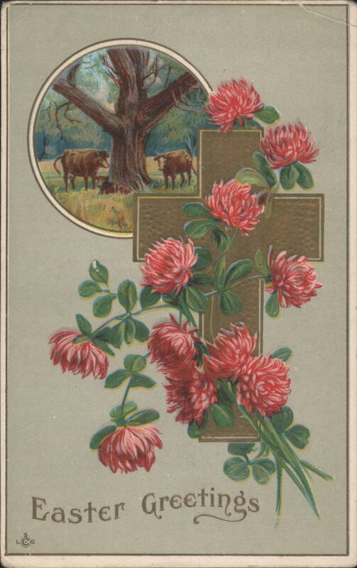 Easter Greetings with Red Clover Cross and Cows under Tree