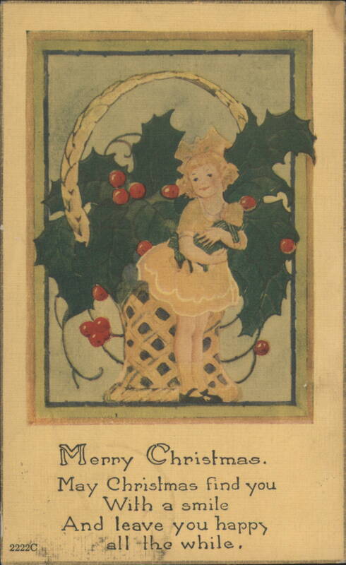 Merry Christmas Girl in Yellow Dress with Holly Wreath Holiday Greeting