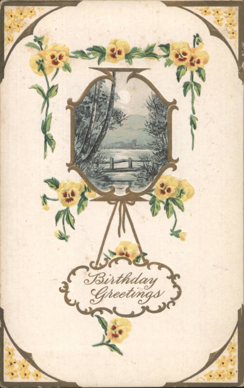 Birthday Greetings with Pansies and Moonlit Landscape