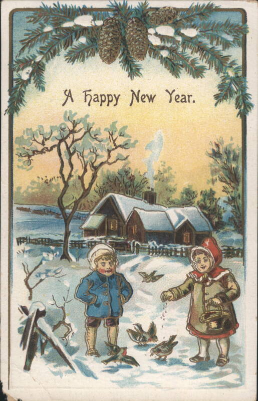 Children Feeding Birds in Snow, Happy New Year Greeting, Pinecones