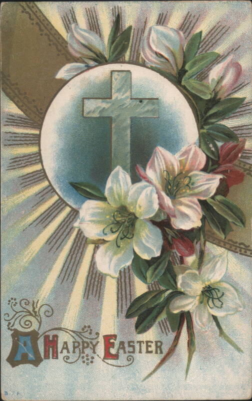 Happy Easter Greeting with Cross, Rays of Light, and White Flowers