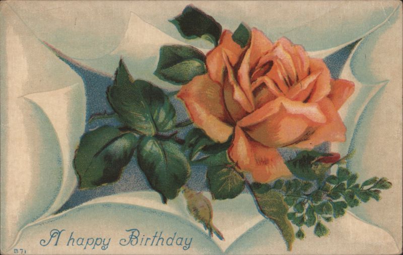 Orange Rose and Leaves, A Happy Birthday Greeting Flowers