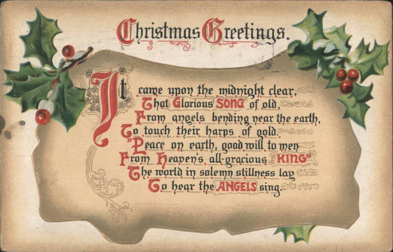 Christmas Greetings Poem 'It Came Upon the Midnight Clear' Holly