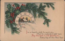 New Year's Greeting with Holly, Fir, Clock, and Snowy Cabin Postcard