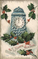 Happy New Year Clock with Holly and Berries Postcard