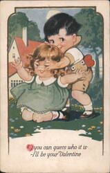 Boy Covering Girl's Eyes Valentine, 'Guess Who It Is' Children's Card Postcard
