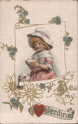 Little Girl & Lamb with Flowers 'Be My Valentine' Greeting Postcard