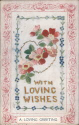 Embroidered Heart with Flowers, "With Loving Wishes" Greeting Postcard