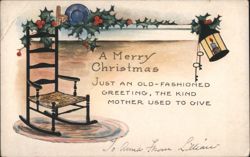 Old-Fashioned Merry Christmas Greeting with Rocking Chair & Holly Postcard