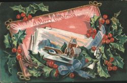 A Merry Christmas with Holly & Berries, Winter Village Scene Postcard