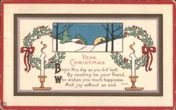 Christmas Greeting with Winter Scene, Candles & Holly Wreaths Postcard