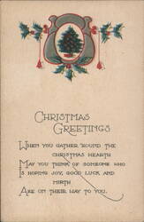 Christmas Greetings with Tree & Holly, Festive Poem Postcard