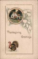 Thanksgiving Greetings with Turkey, Rural House, and Oak Leaves Postcard