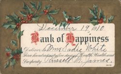 Bank of Happiness Check with Holly and Berries, New Year's Greeting 1910 Postcard