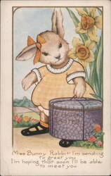 Miss Bunny Rabbit in Yellow Dress with Easter Box and Daffodils Postcard