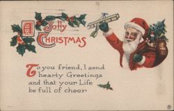 A Jolly Christmas Santa Claus with Biplane and Holly Greetings Postcard
