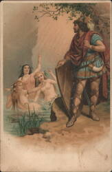 Hero in Armor with Shield Confronts Nymphs in Water, Fantasy Art Postcard