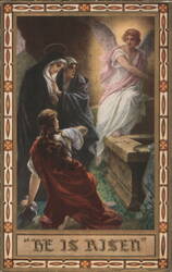 "He is Risen" Easter Angel at Empty Tomb with Mary and Women Postcard