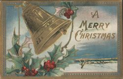A Merry Christmas Bell with Holly and Snowy Village Postcard