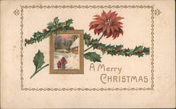Merry Christmas Poinsettia & Holly Greeting with Framed Winter Scene Postcard