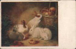 Rabbits with Fruit Basket Still Life Art Reproduction Postcard