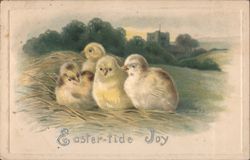 Easter-tide Joy Chicks in Nest with Distant Church or Castle Postcard
