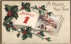 A Happy New Year Calendar with January 1 & Winter Village Scene Postcard