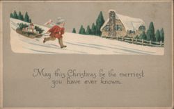 Child Pulling Sled with Christmas Presents in Snow, Snowy House Postcard