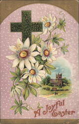 A Joyful Easter Greeting with Passionflowers, Cross, and Village Church Postcard