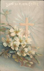 Wishing You a Joyful Easter Greeting with Cross and White Flowers Postcard